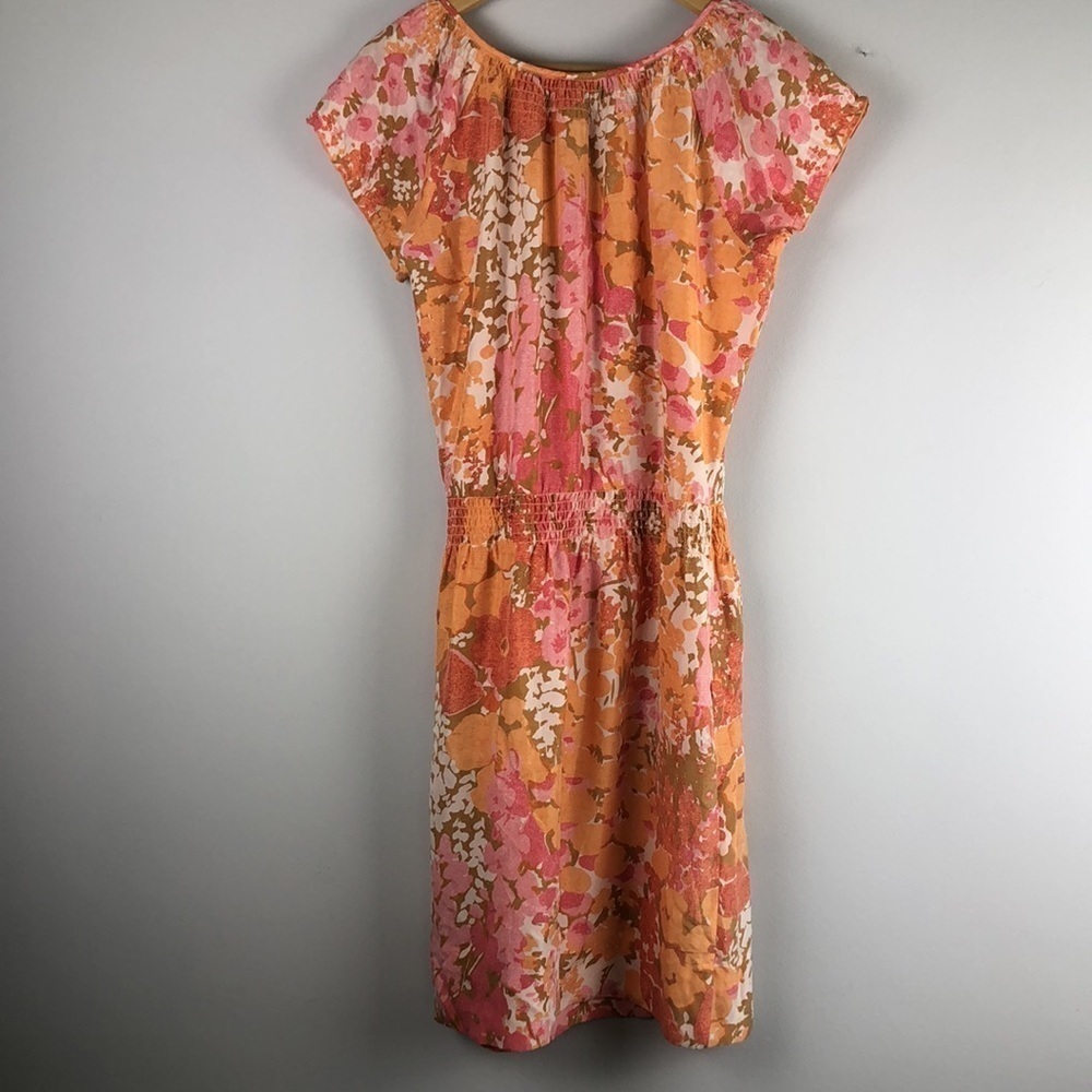 Talbots 100% Silk Smocked Blouson Knee Length Spring Summer Dress Print Pockets - Picture 14 of 16